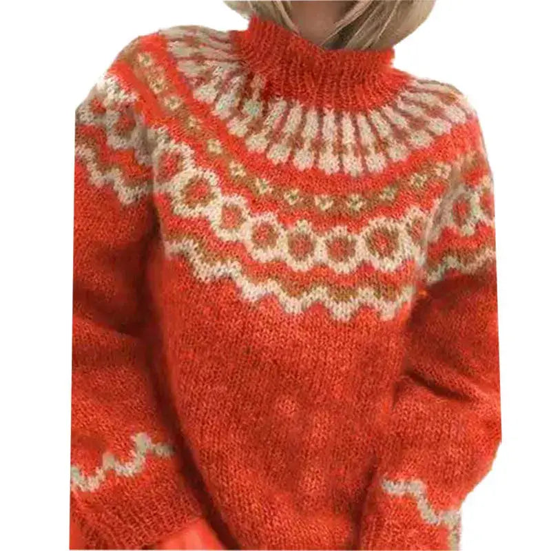 Women's Fair Isle turtleneck sweater with geometric patterned yoke and long sleeves