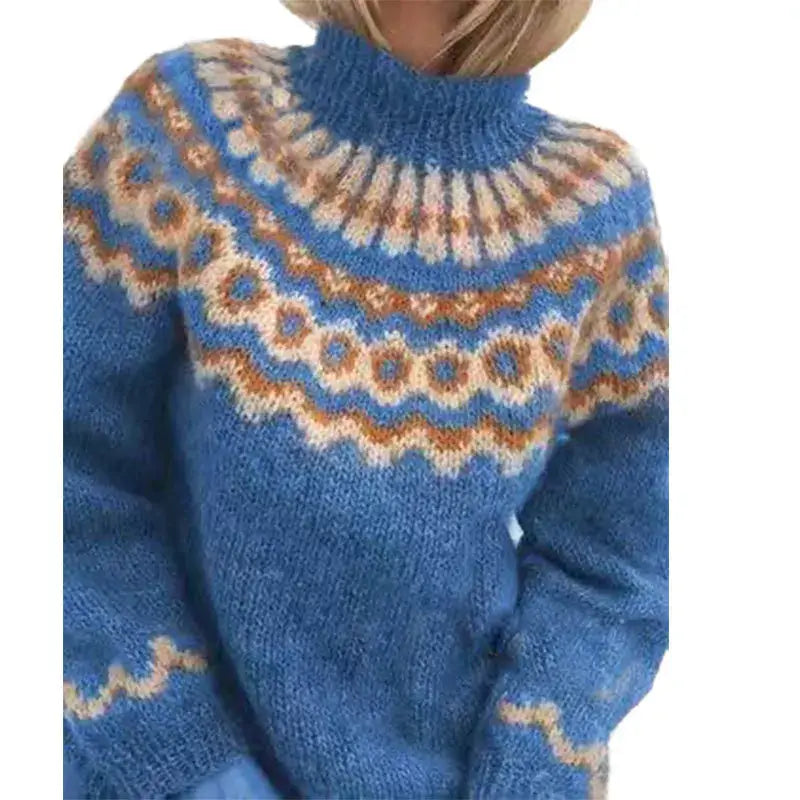 Women's Fair Isle turtleneck sweater with geometric patterned yoke and long sleeves
