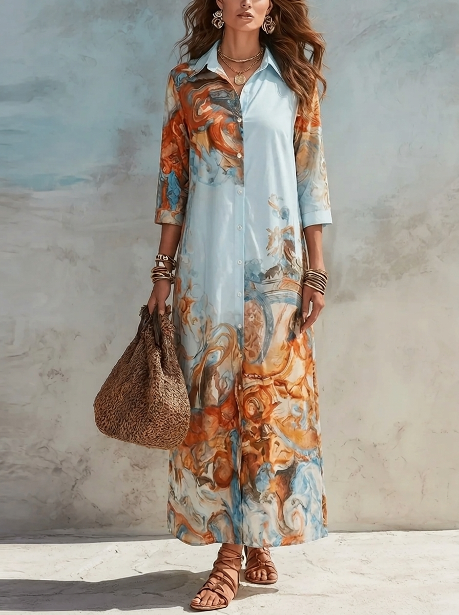 Robe-chemise longue boutonnée à col et imprimé abstrait pour femme