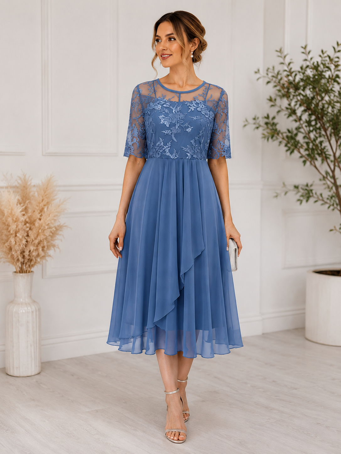 Lace Bodice Midi Dress with Chiffon Overlay Skirt – LIMISE