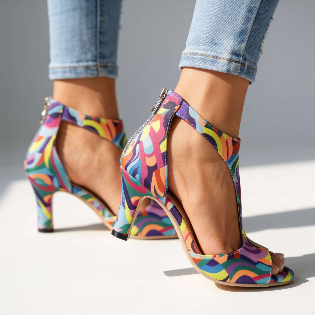 Abstract Print T-Strap Peep Toe Heeled Sandals