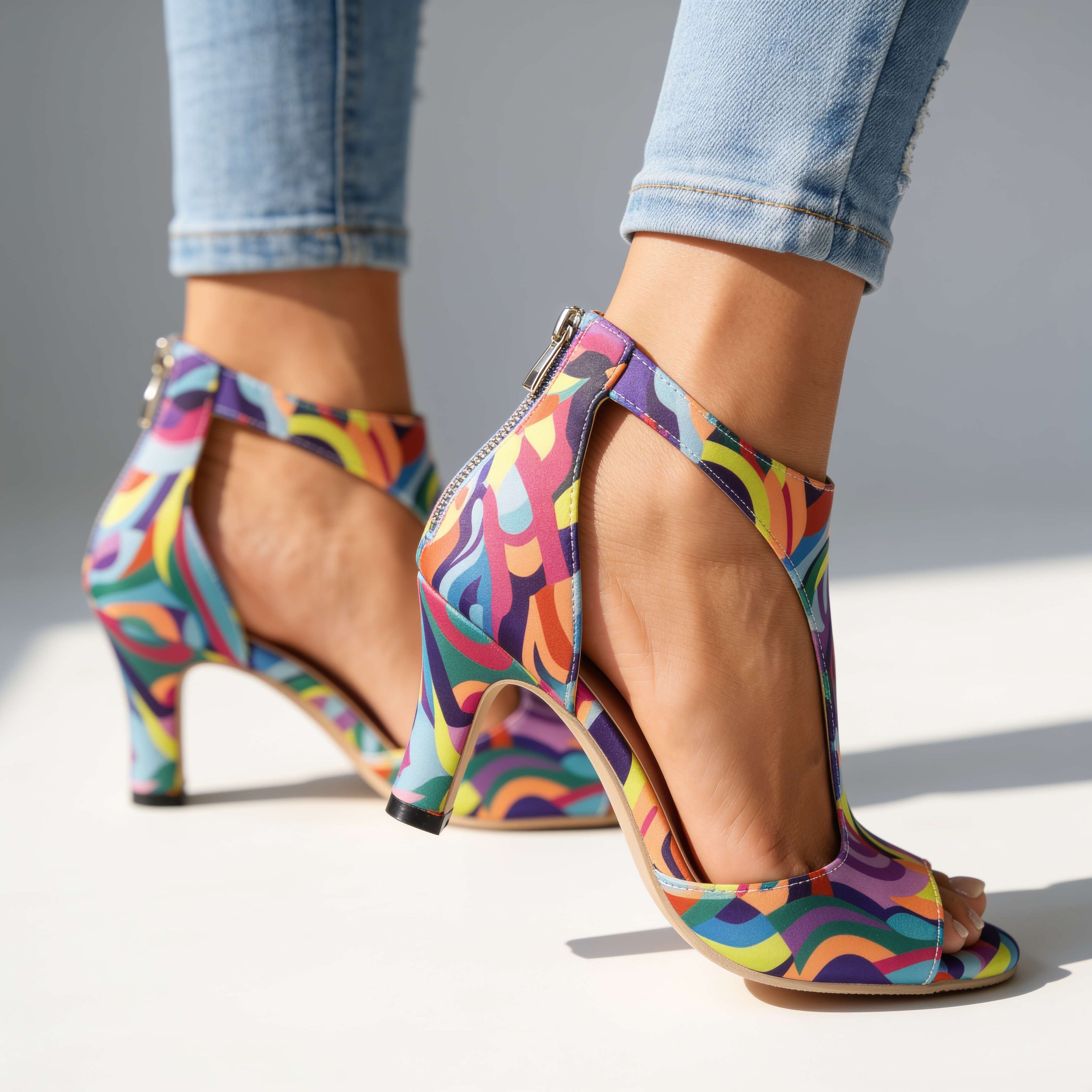 Abstract Print T-Strap Peep Toe Heeled Sandals