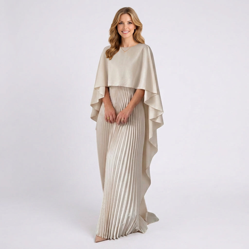 Pleated Maxi Dress Women’s Cape Sleeve Occasion Dress