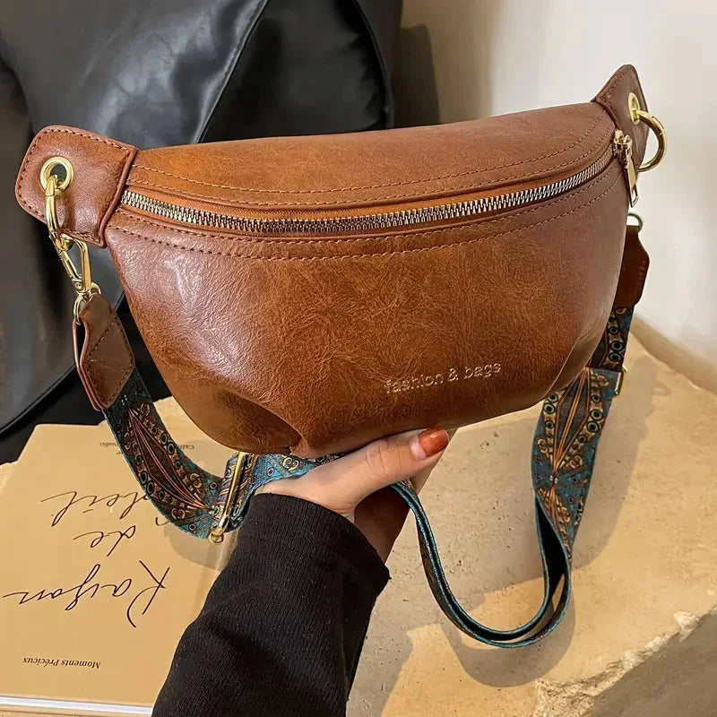 Women's Leather Crossbody Belt Bag with Embroidered Strap