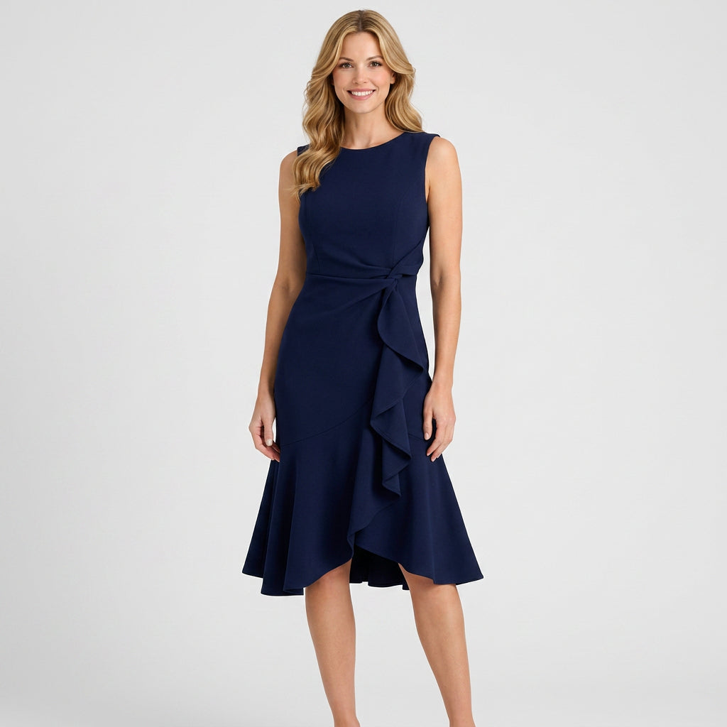 Sleeveless Midi Dress – Tie Waist Flared Hem Style