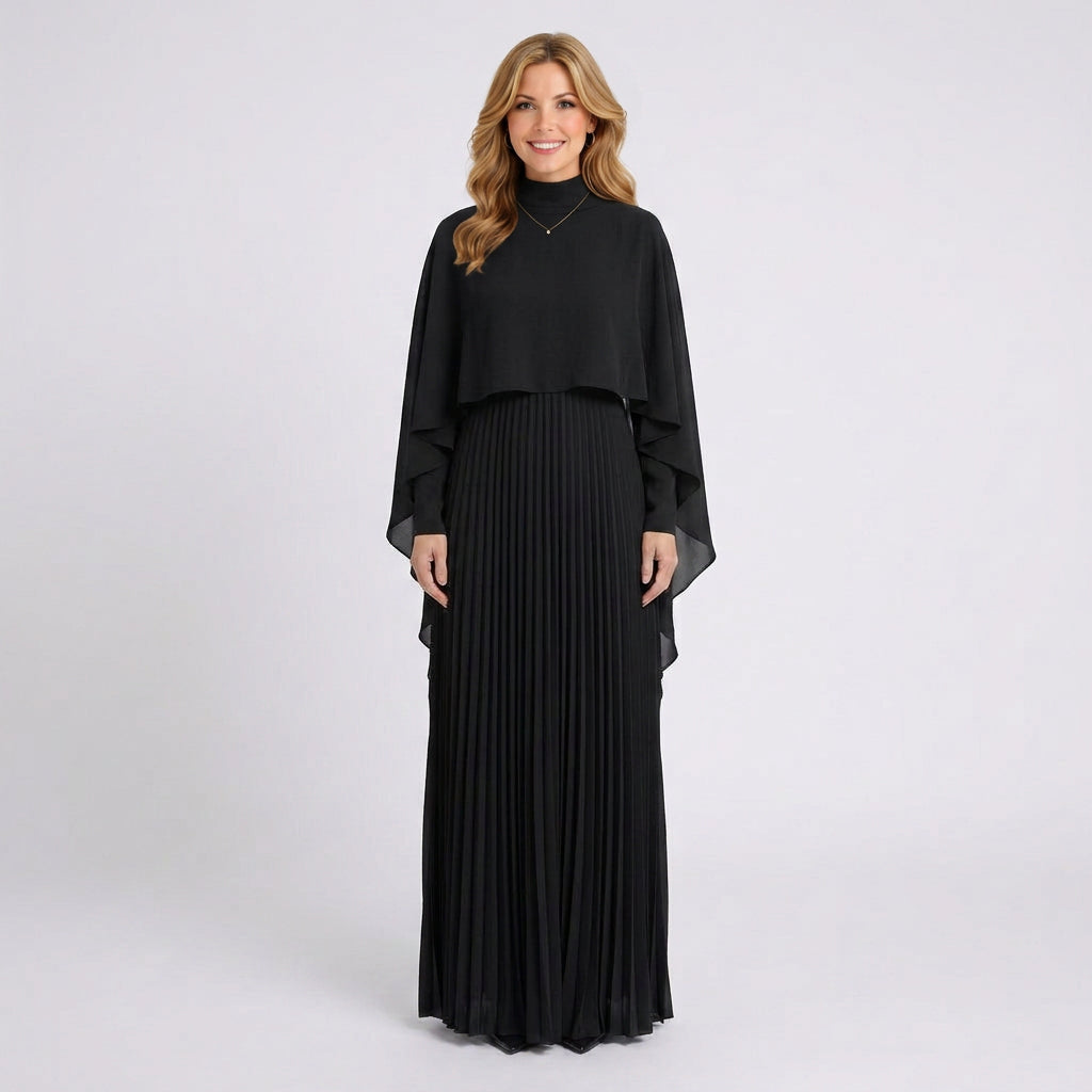 Pleated Maxi Dress Women’s Cape Sleeve Occasion Dress