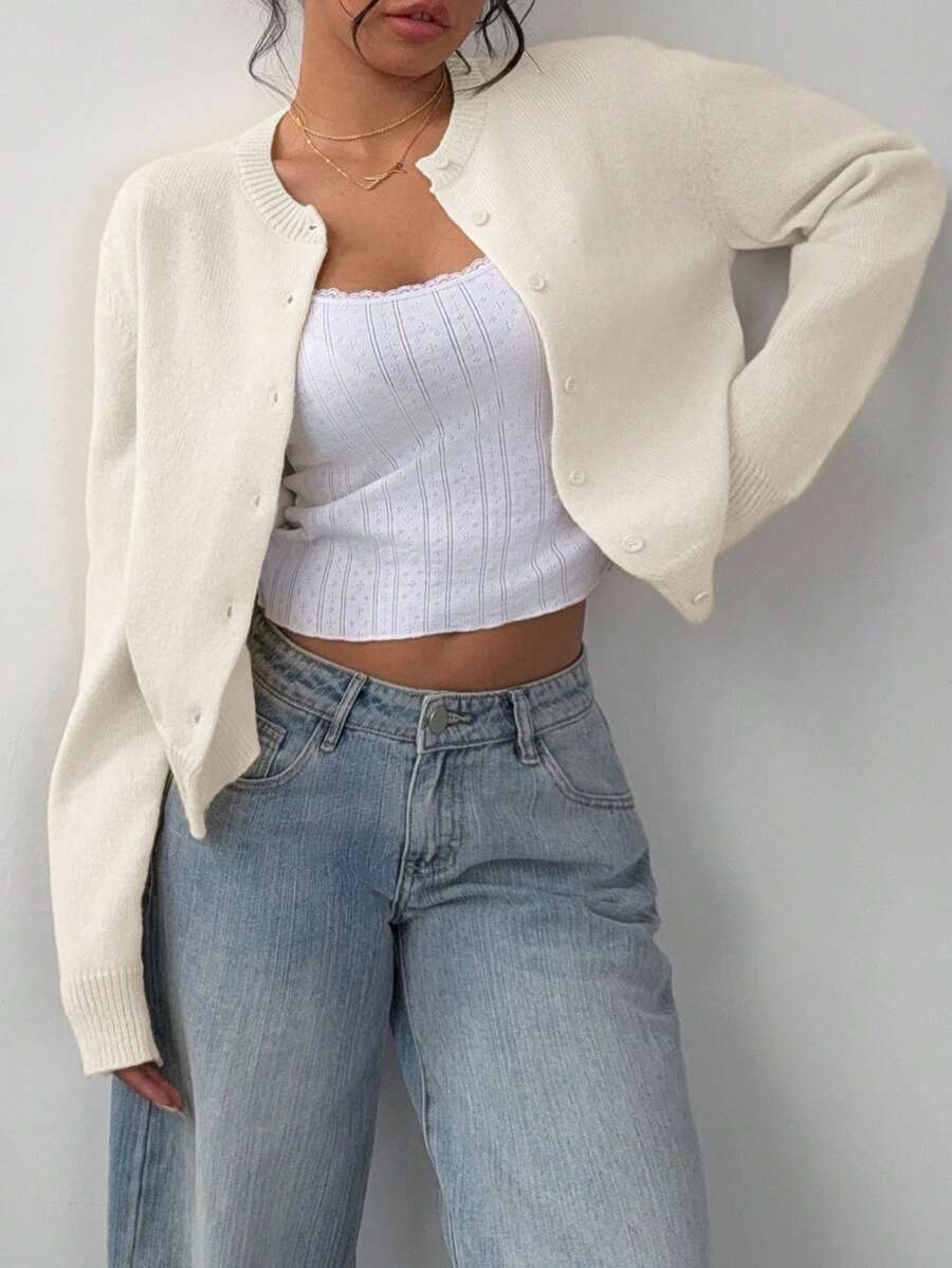 Women's Cropped Round Neck Button-Up Cardigan