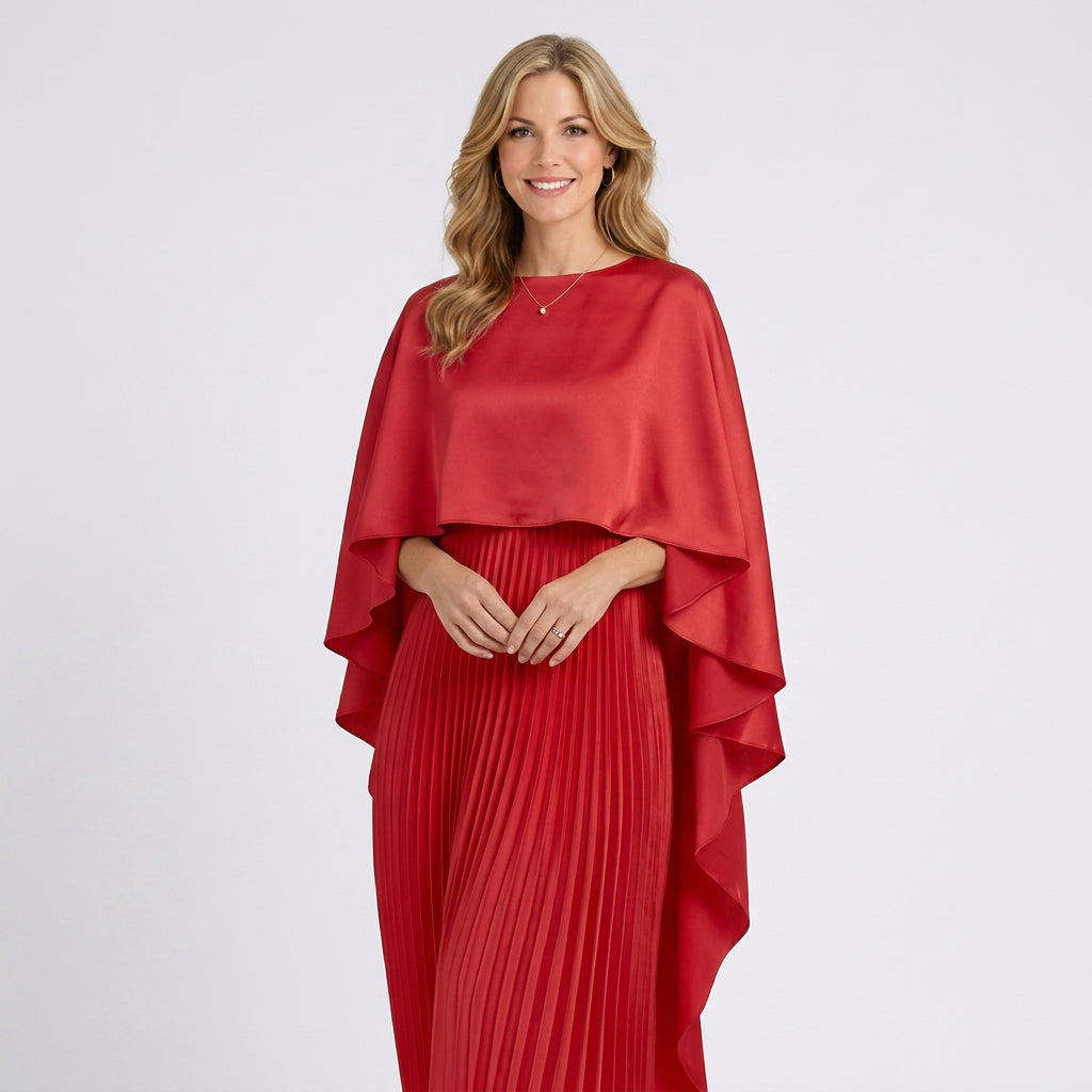 Pleated Maxi Dress Women’s Cape Sleeve Occasion Dress