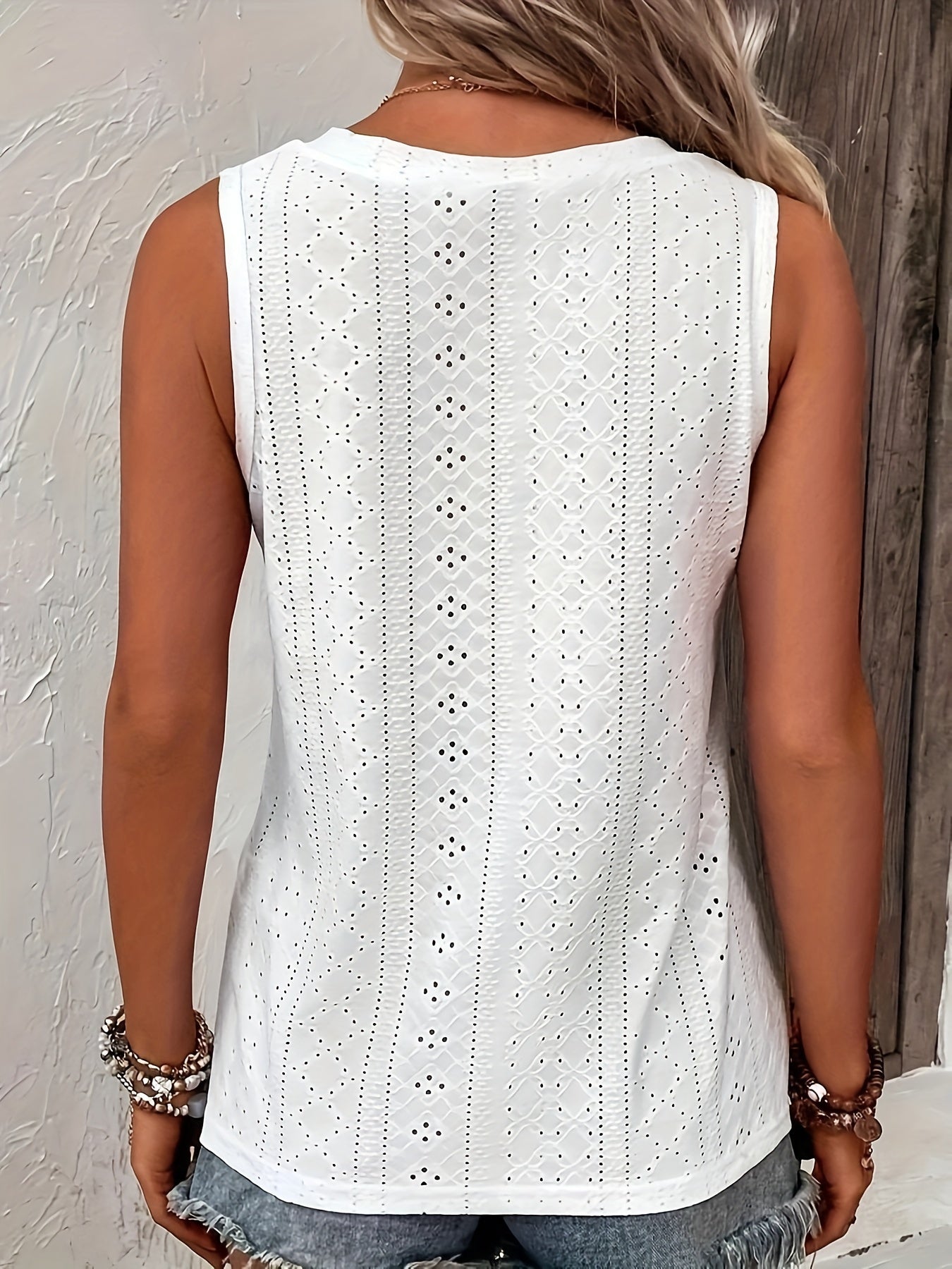 Textured Eyelet V-Neck Button Detail Tank Top