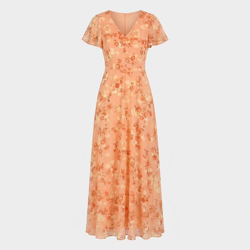 Women’s Floral Maxi Dress – V Neck Flutter Sleeve Long Dress
