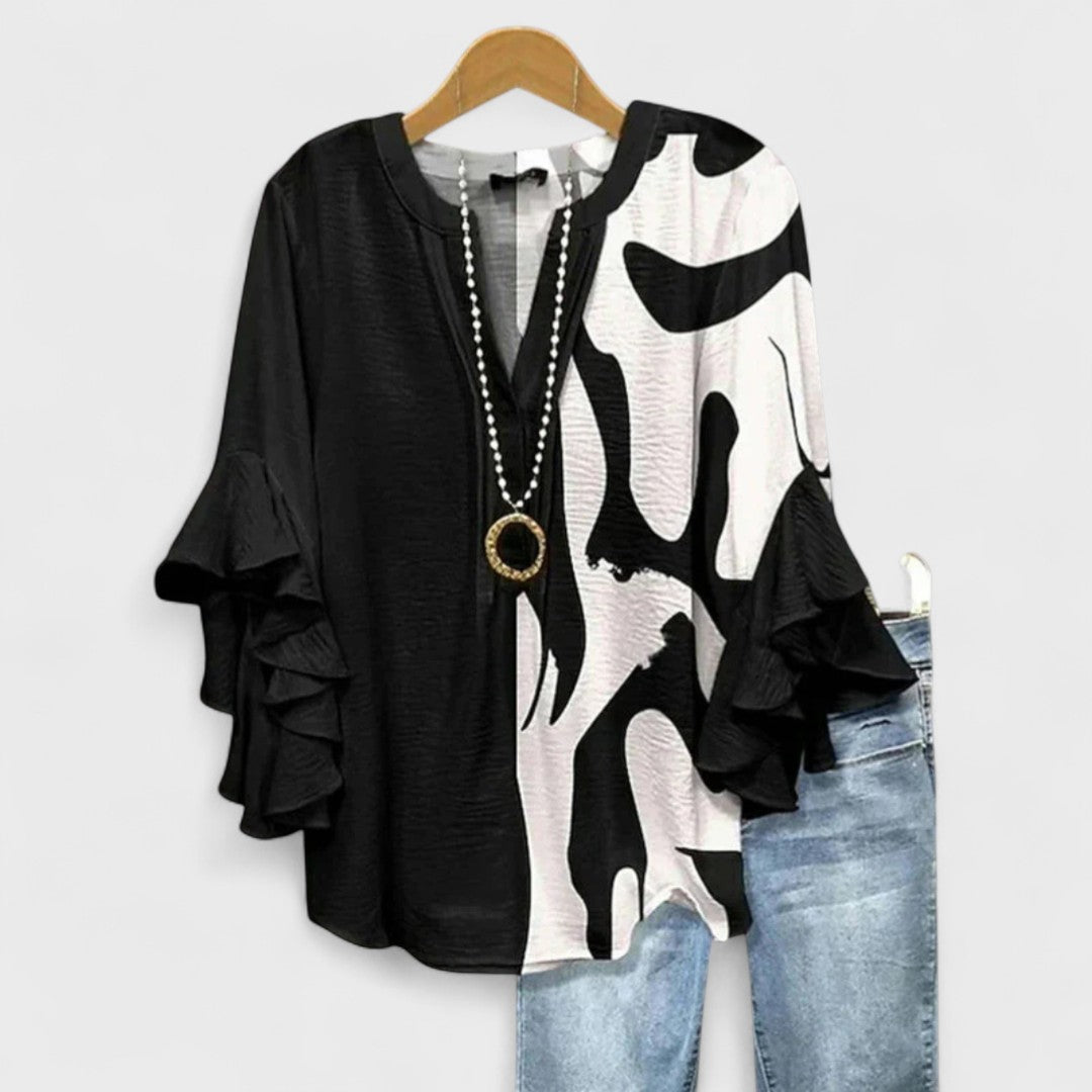 Floral Print Tiered Ruffle Sleeve V-Neck Blouse