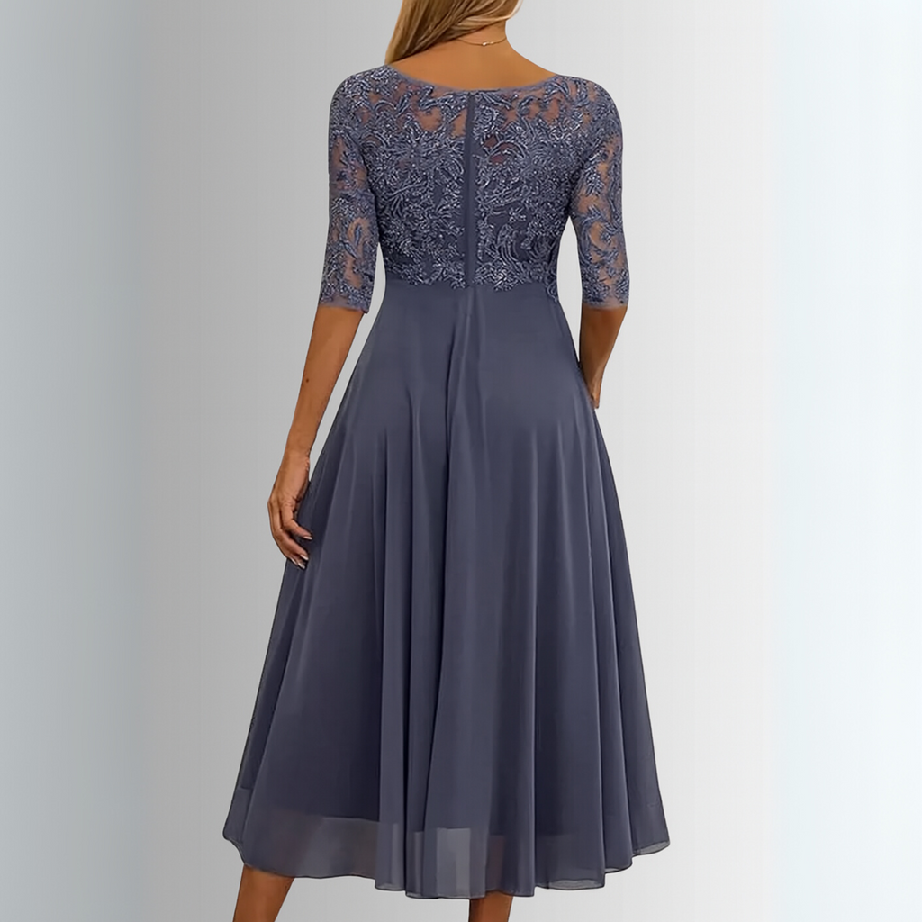 Lace Bodice Midi Dress with Chiffon Overlay Skirt