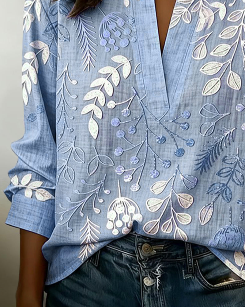 Botanical Print Notched Collar Long Sleeve Blouse