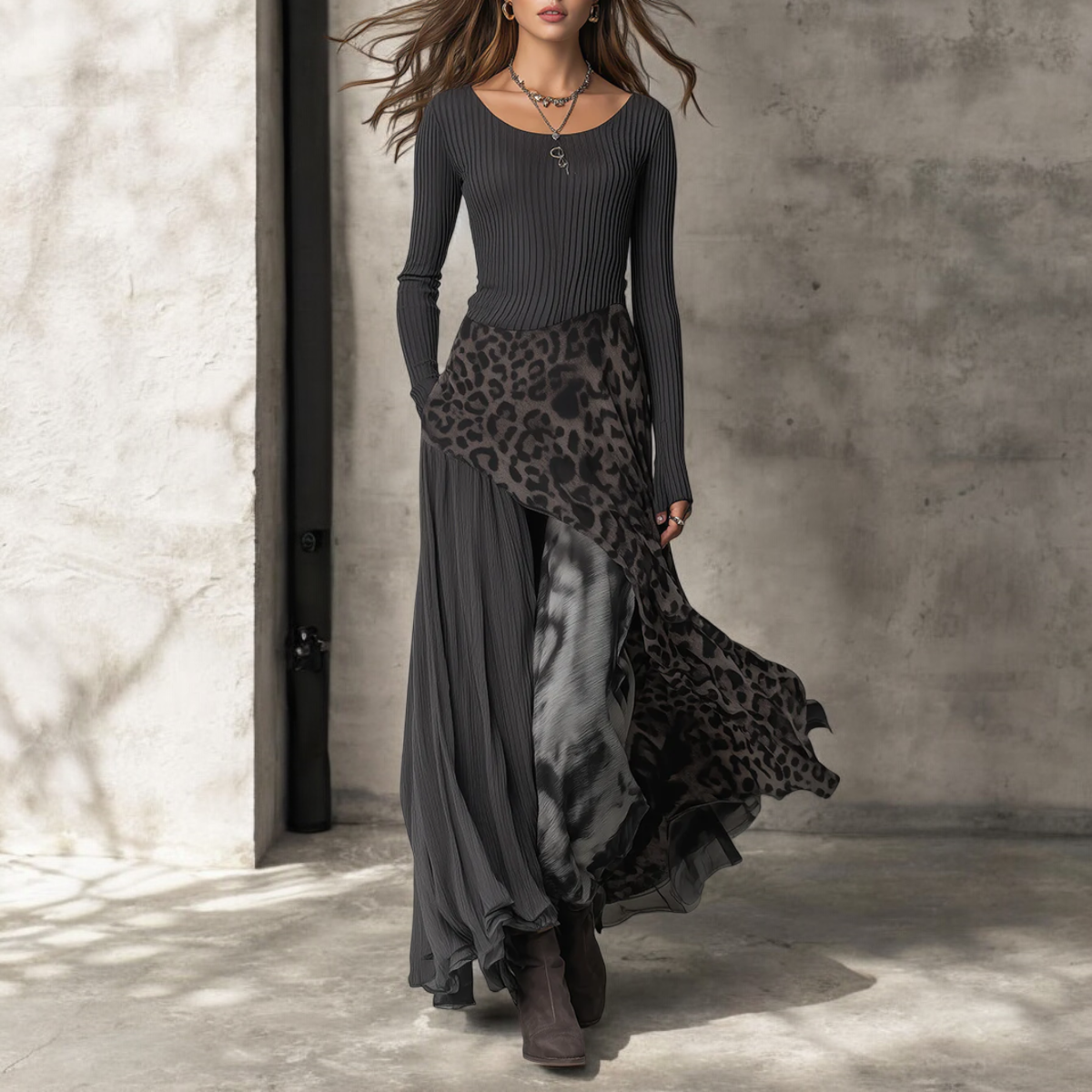 Ribbed Top and Leopard Print Asymmetric Maxi Skirt Set