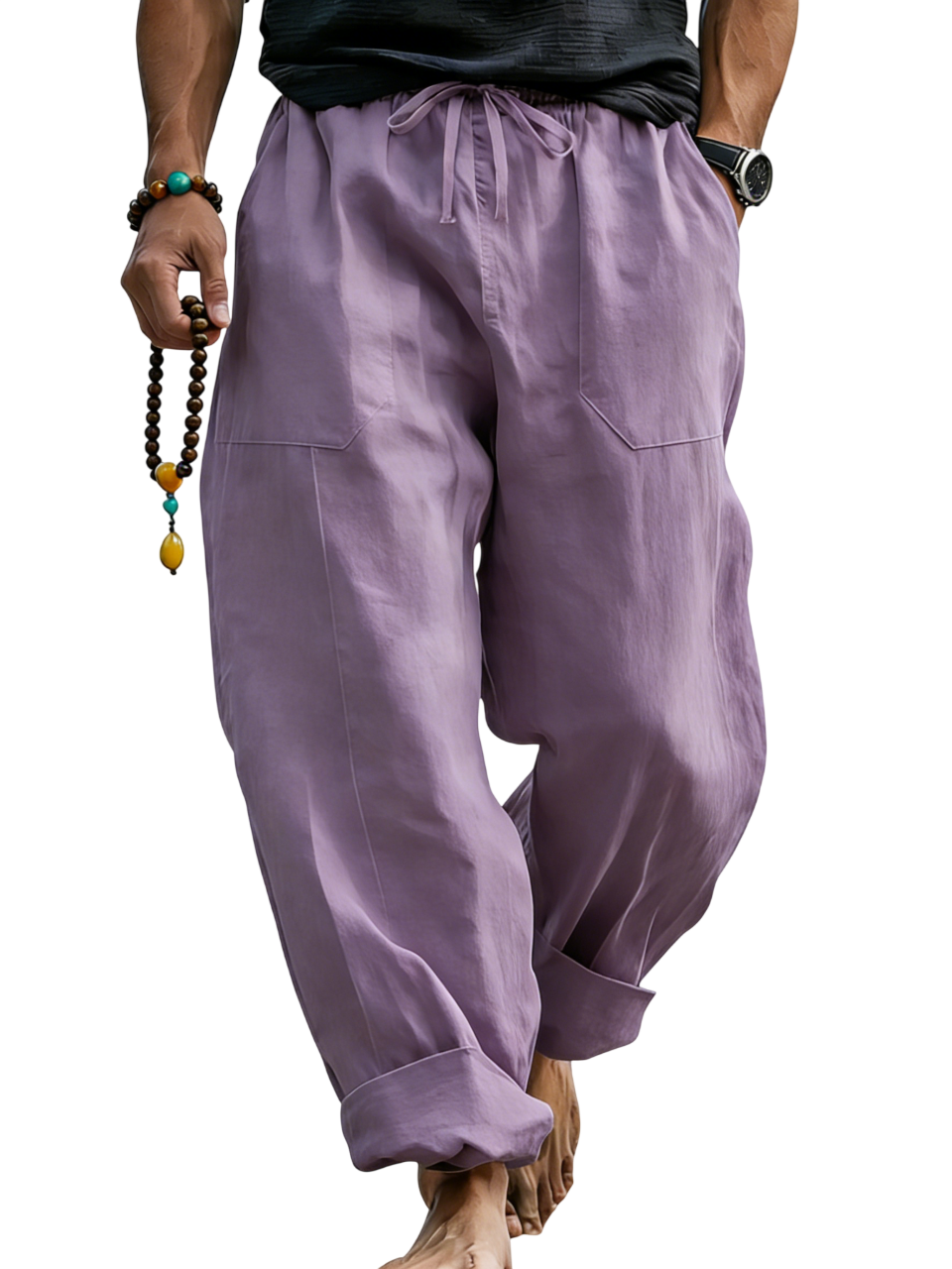 Loose Linen Blend Drawstring Trousers with Turn-Up Hem