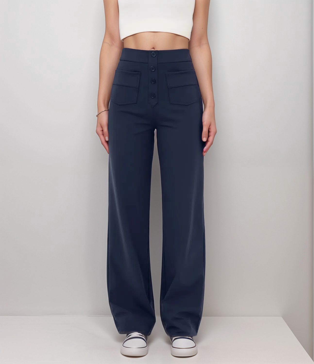 High-Waisted Wide Leg Trousers with Button Front