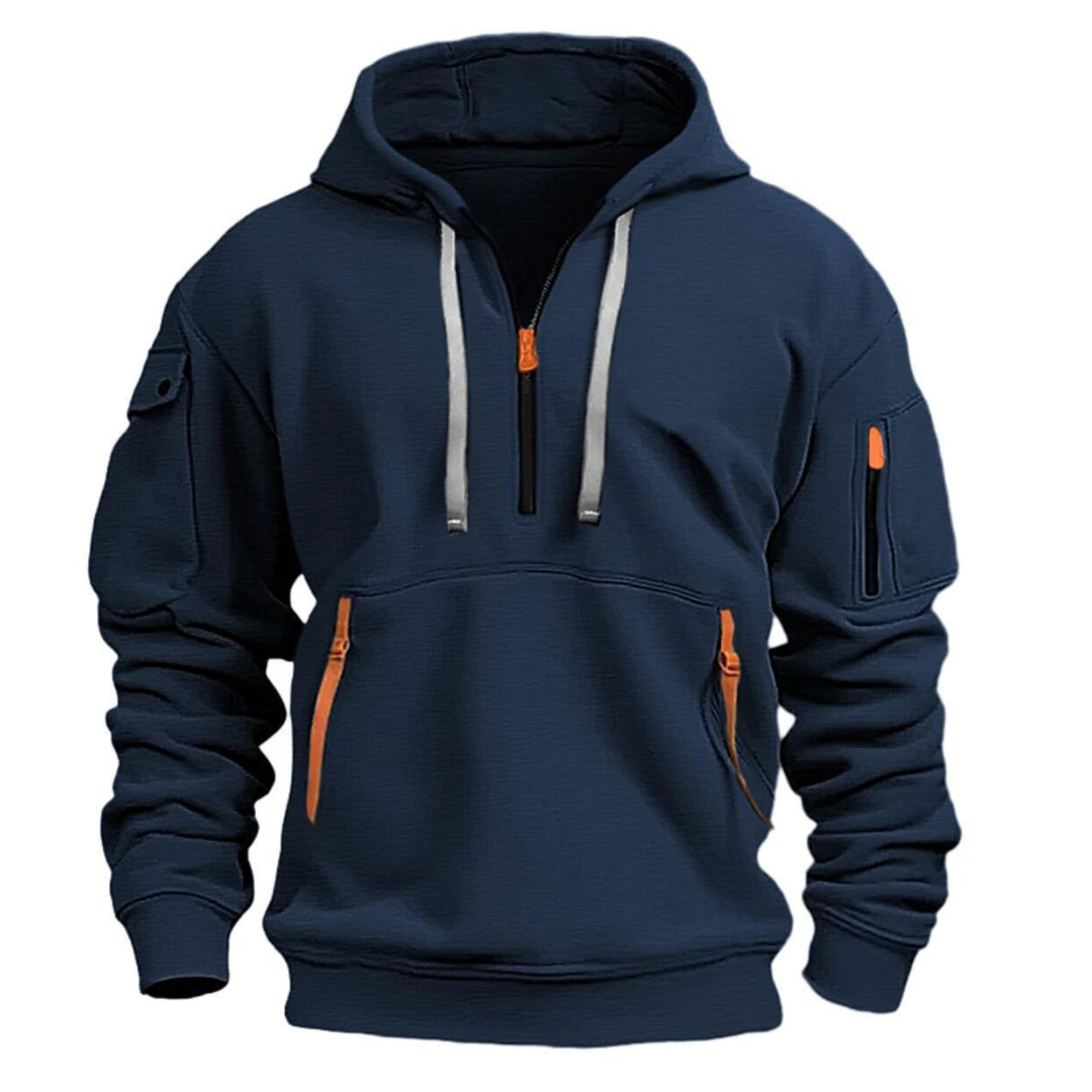 Sweat à capuche utilitaire pour homme à demi-zip, avec poches zippées contrastées