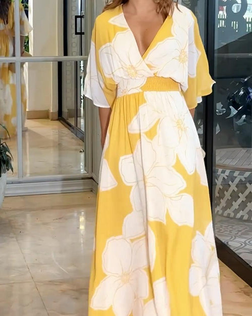 Robe longue portefeuille fluide à col en V avec imprimé floral audacieux