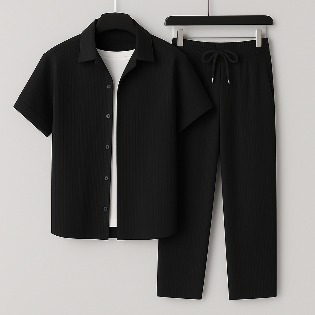 Ribbed Short Sleeve Shirt and Trousers Two Piece Set