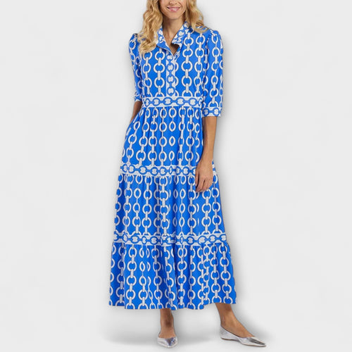 Chain Print Collared Tiered Midi Shirt Dress