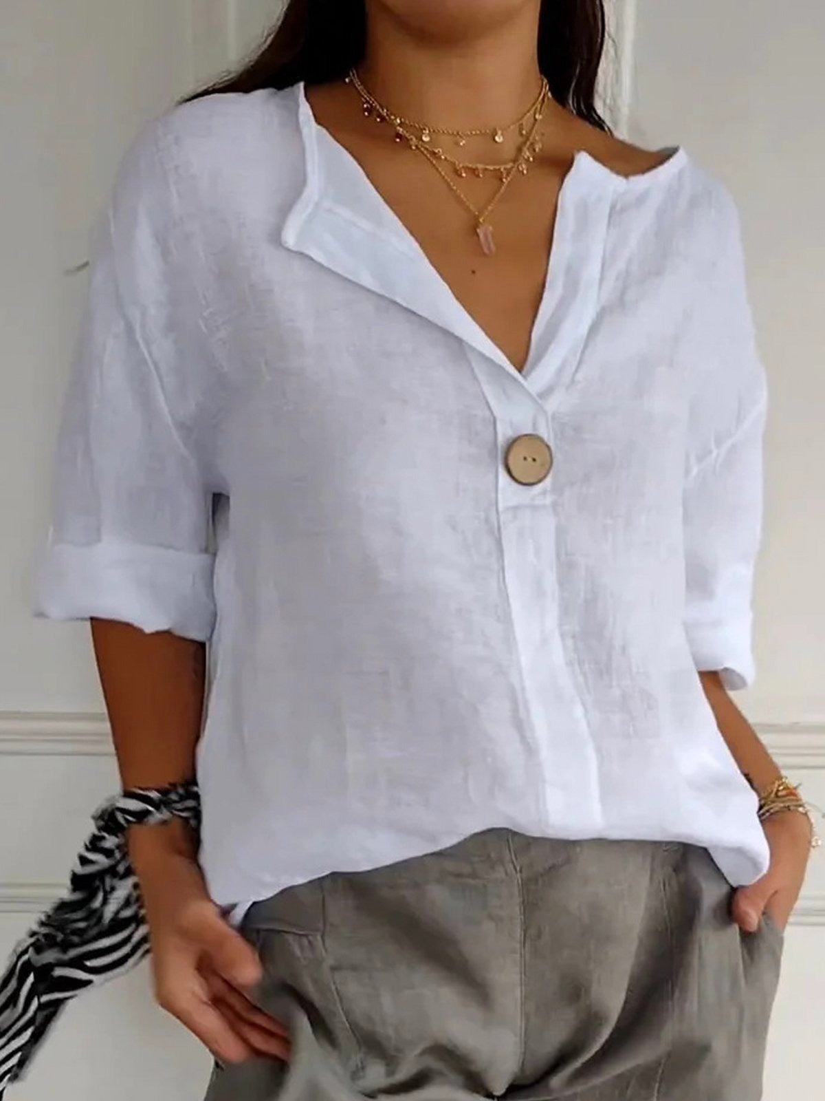 Notched V-Neck Single Button Oversized Blouse