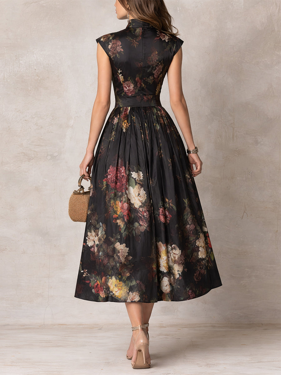 Floral Print Keyhole Neck Fit and Flare Midi Dress