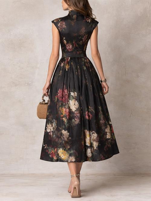 Floral Print Keyhole Neck Fit and Flare Midi Dress