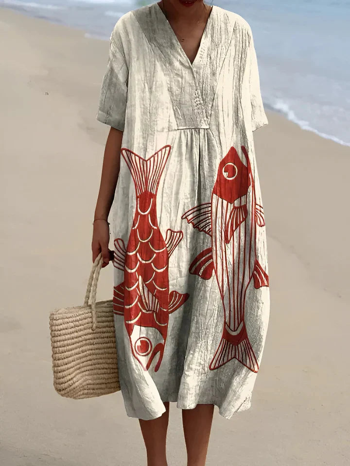Abstract Print V-Neck Long Sleeve Midi Dress