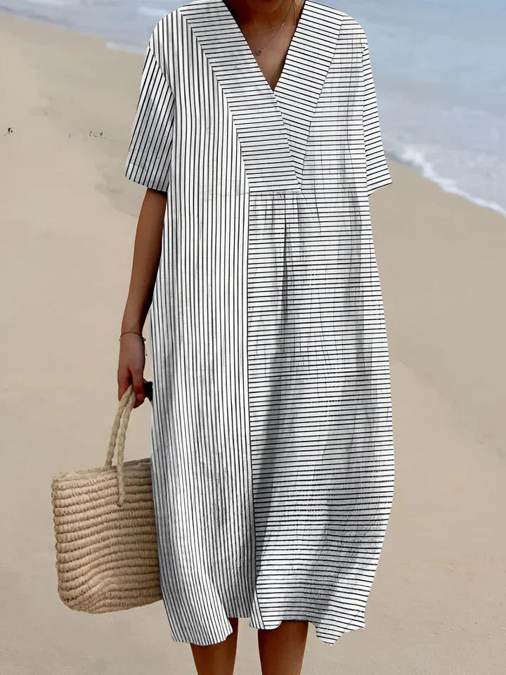Abstract Print V-Neck Long Sleeve Midi Dress