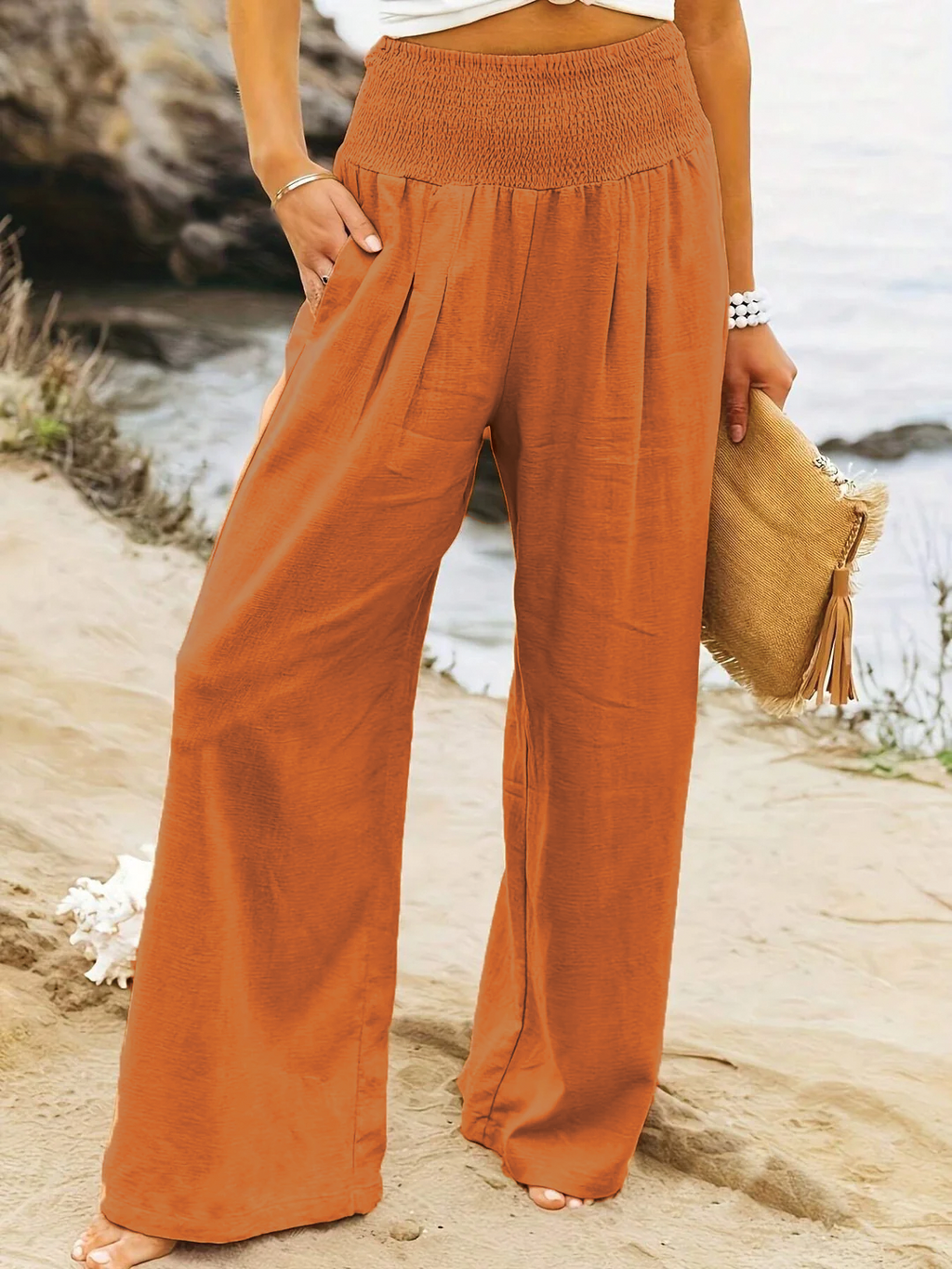 Smocked High Waist Wide Leg Linen Blend Trousers