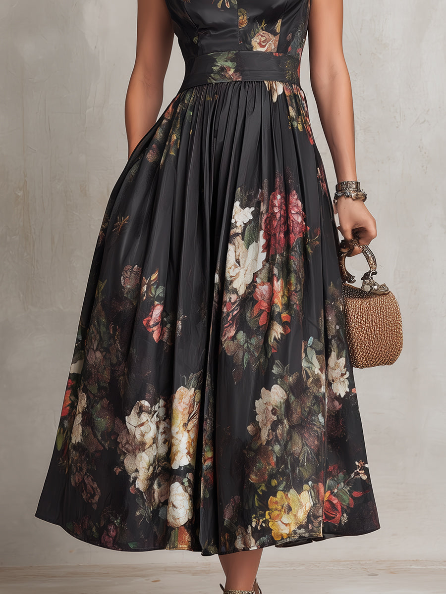Floral Print Keyhole Neck Fit and Flare Midi Dress