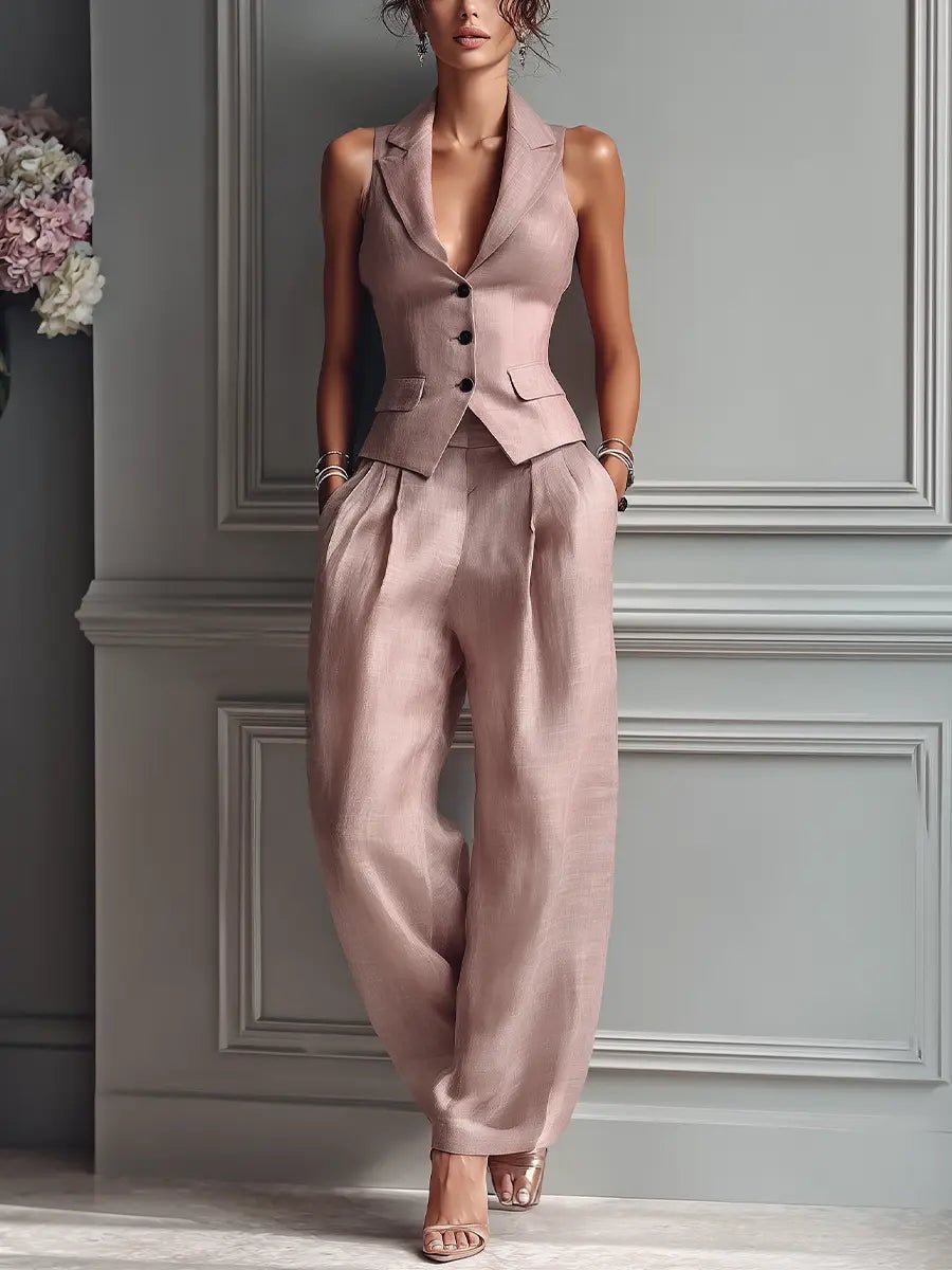 Tailored Sleeveless Vest and Wide Leg Trouser Suit Set