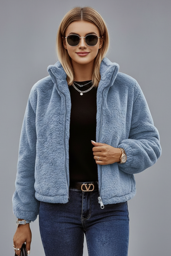 Women's Cropped Teddy Jacket with Stand Collar