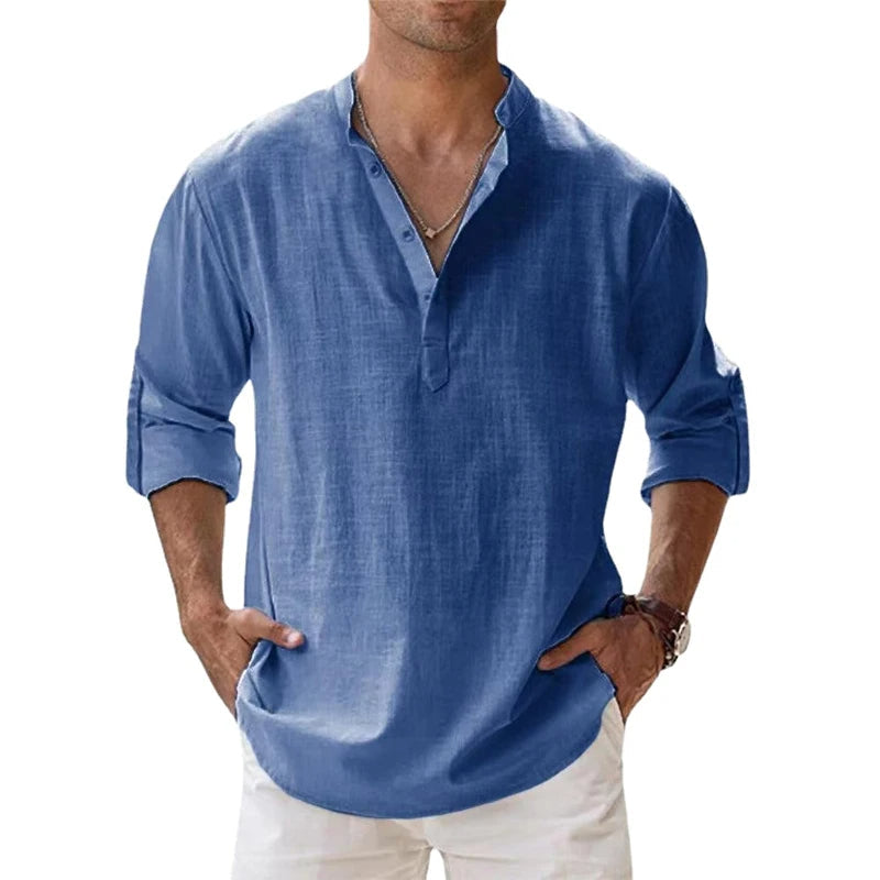 Chemise Henley en lin à manches longues avec col officier