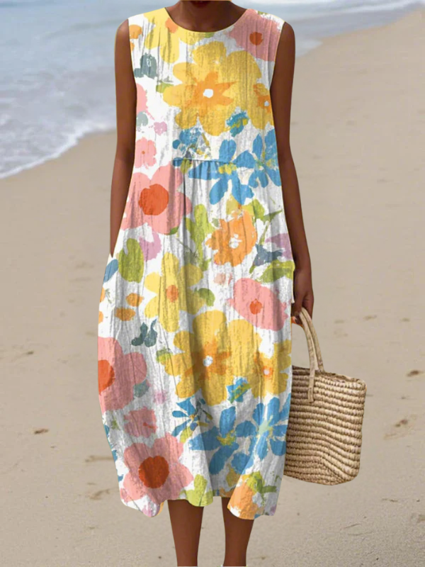 Robe midi sans manches à imprimé abstrait, avec poches latérales