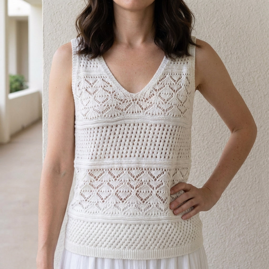 Crochet Knit Sleeveless Tank Top with V-Neck