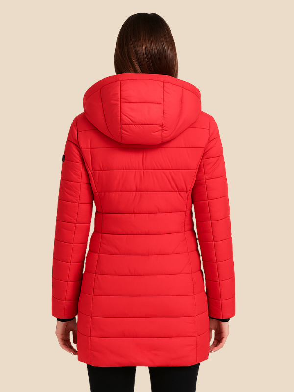 Women's hooded navy quilted longline puffer coat with zip front and angled zip pockets