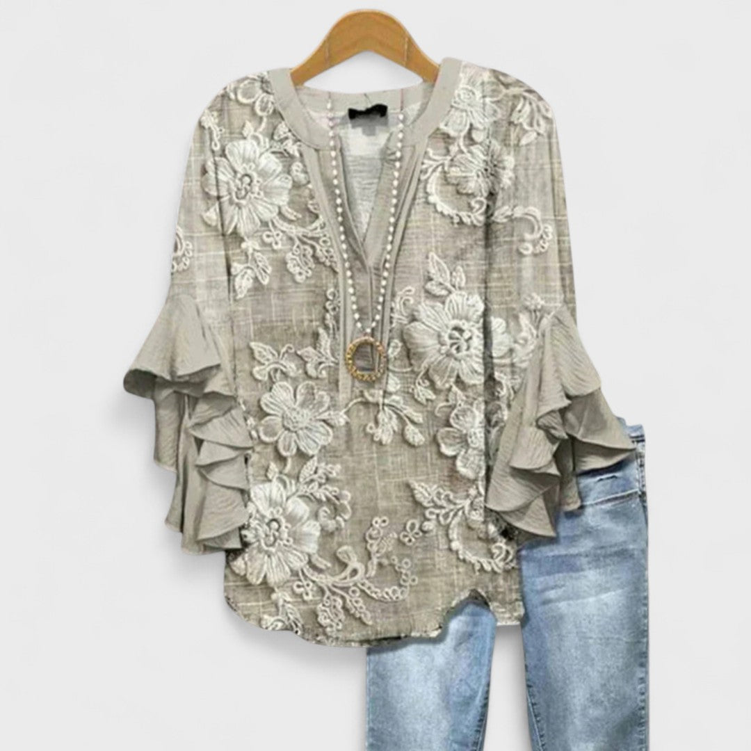 Floral Print Tiered Ruffle Sleeve V-Neck Blouse