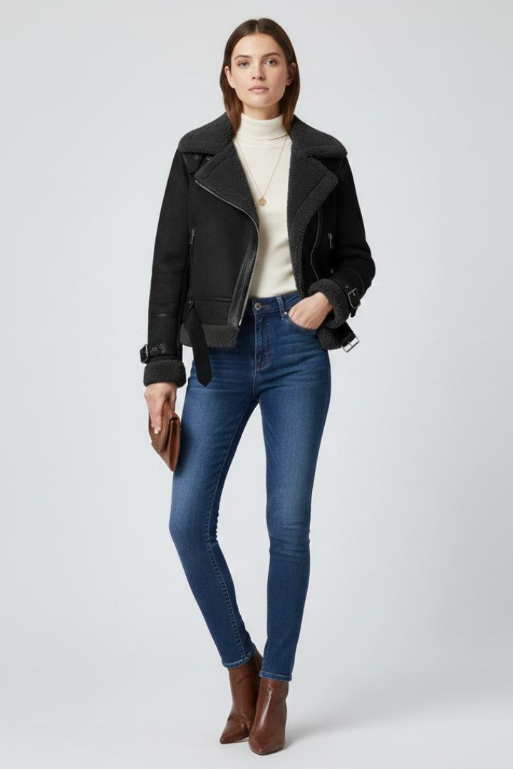 Women's Faux Shearling Lined Biker Jacket