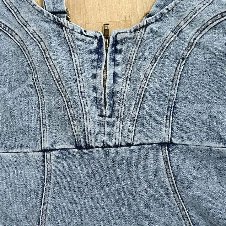 Denim Zip Front Bodycon Midi Dress with Side Slit