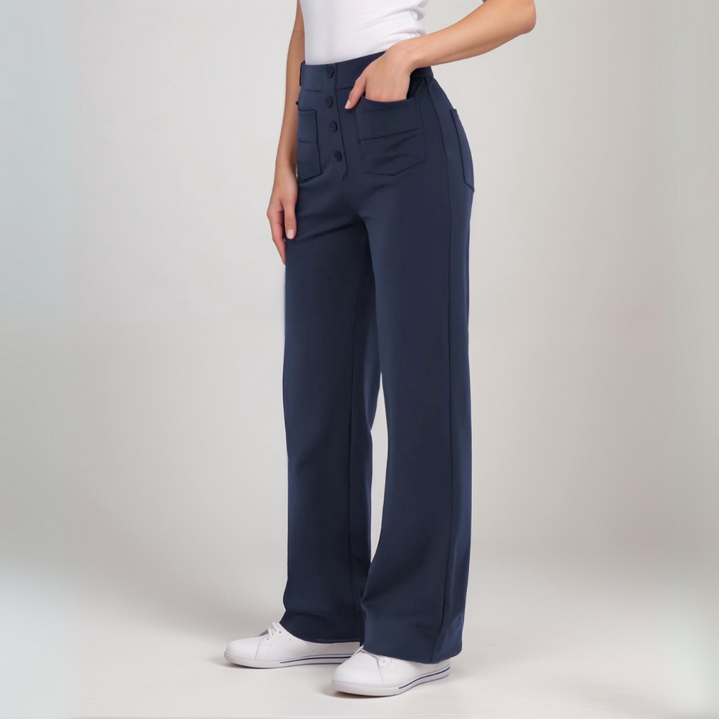 High-Waisted Wide Leg Trousers with Button Front