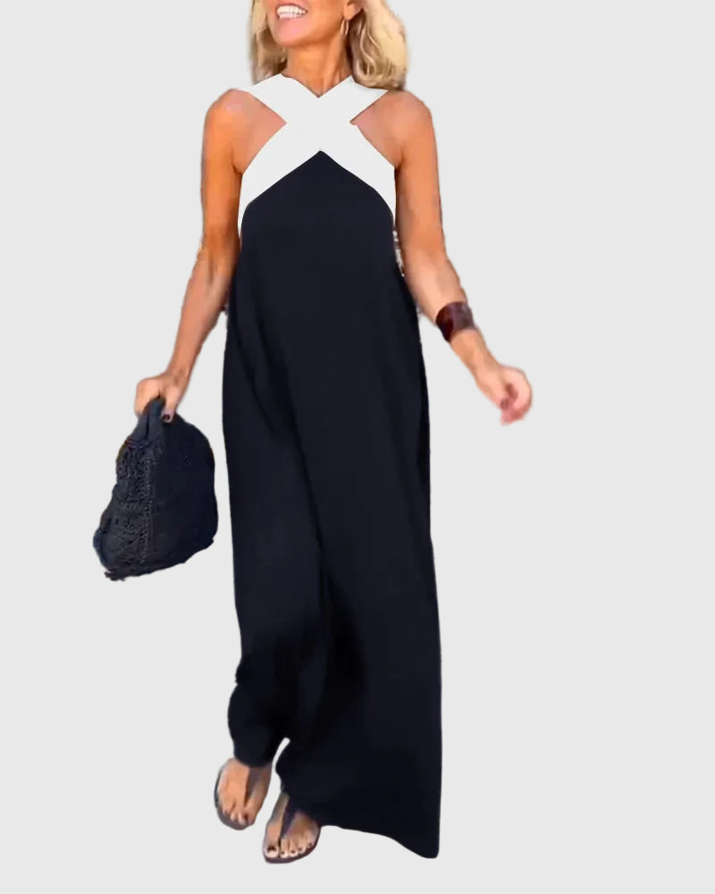 Criss Cross Halter Neck Contrast Maxi Dress
