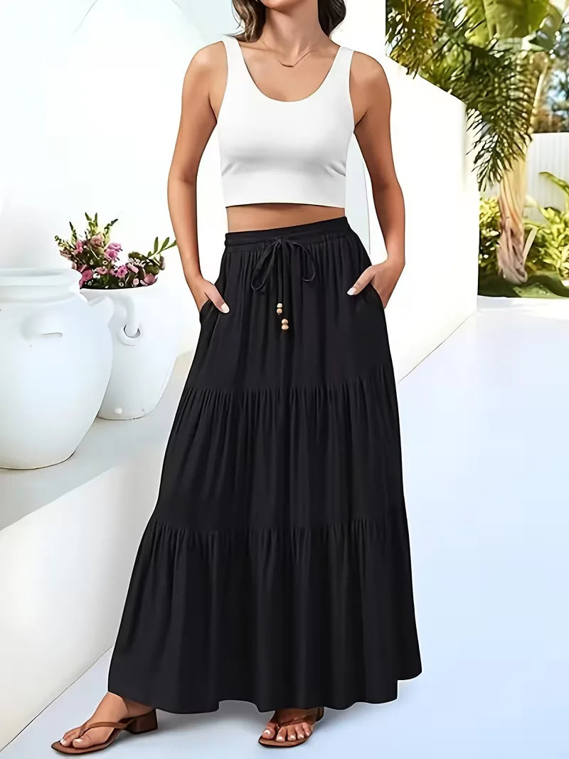 Tiered Maxi Skirt with Drawstring Tie Waist