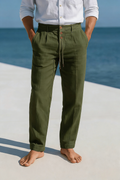 Tapered Fit Linen Trousers with Button Drawstring Waist