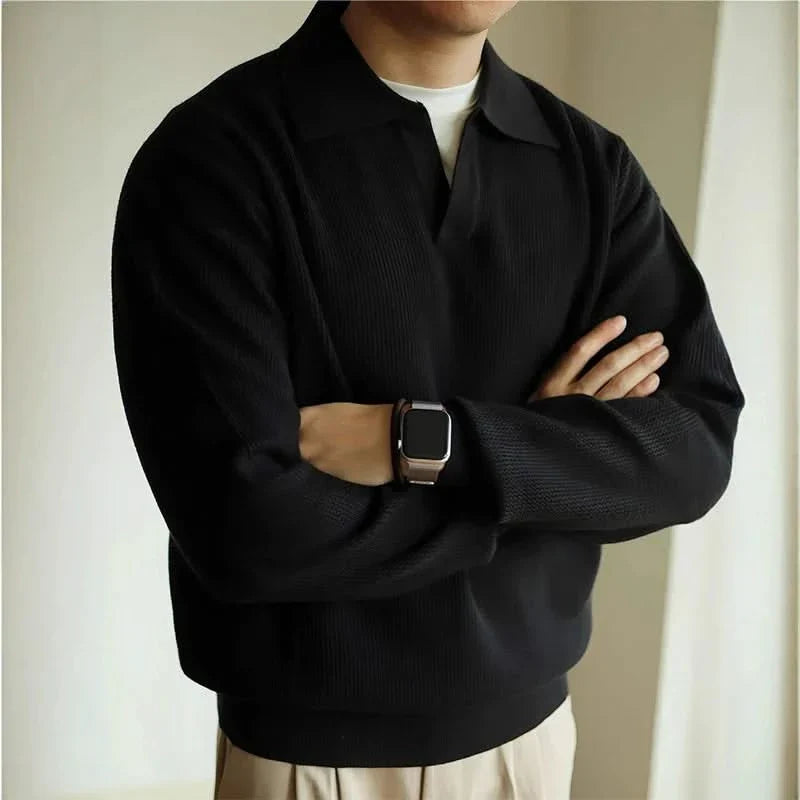 Men's Waffle Knit Open Collar Long Sleeve Polo