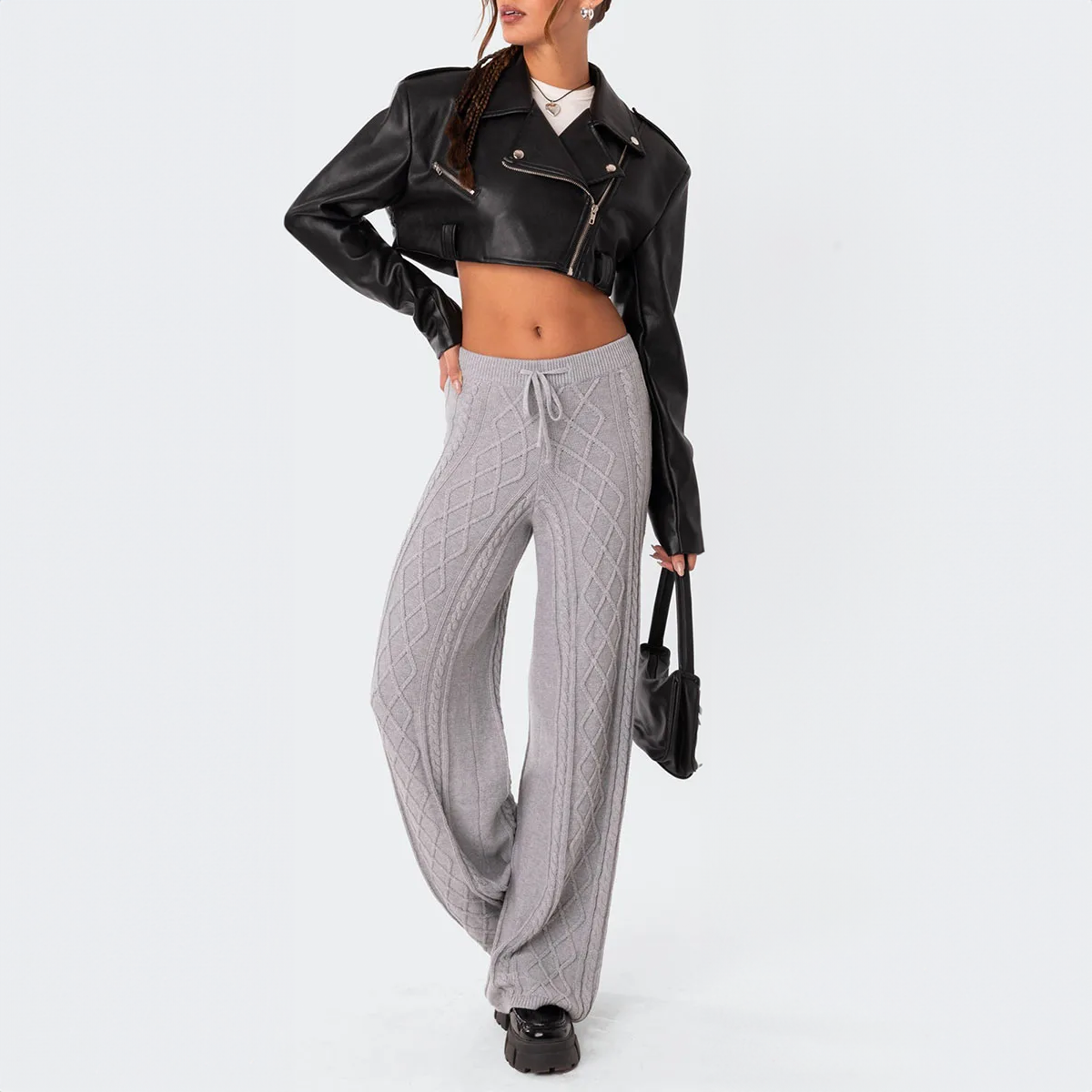 Cable Knit Wide Leg Trousers with Drawstring Waist