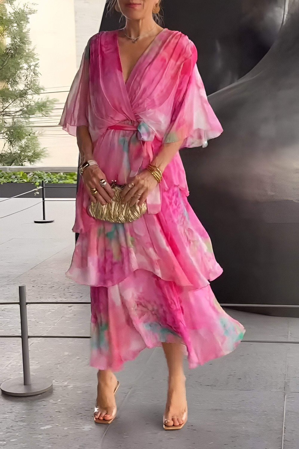 Watercolor Print Wrap Tiered Ruffle Maxi Dress