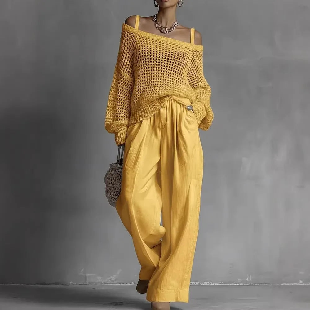 Off-Shoulder Crochet Knit Top and Wide Leg Trouser Set