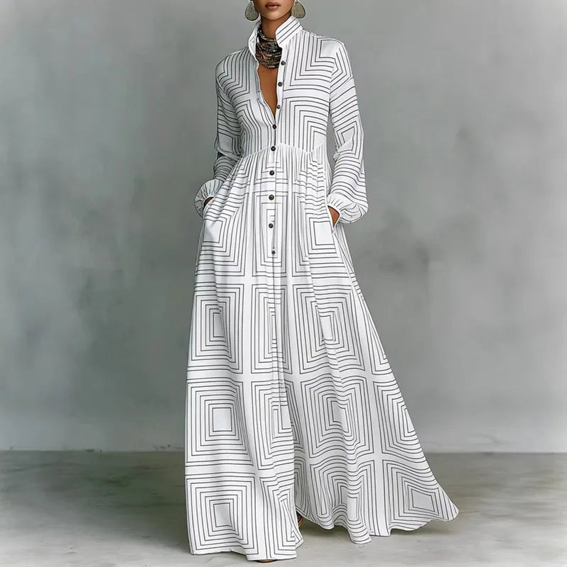 Geometric Print Button-Front Long Sleeve Maxi Dress