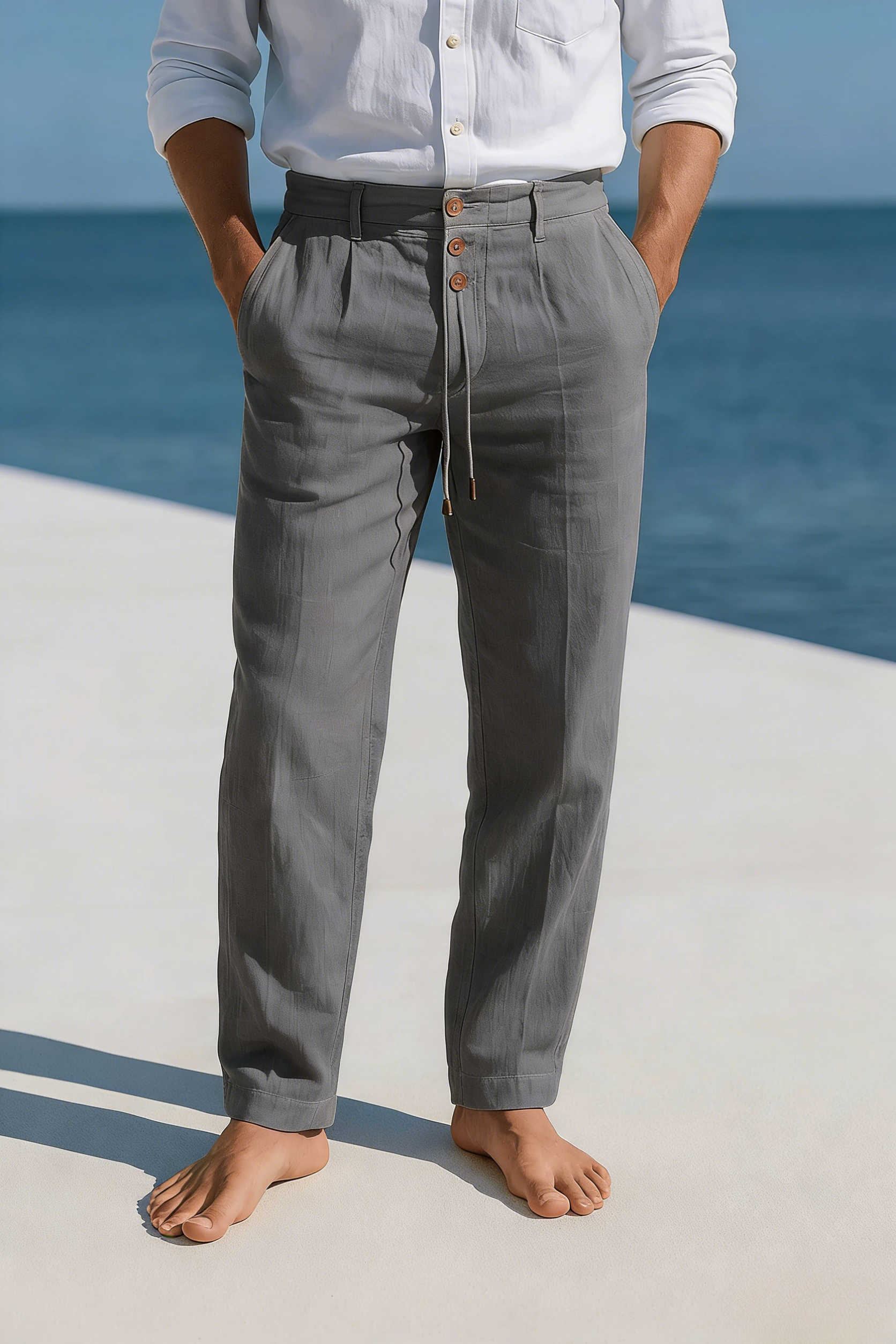 Tapered Fit Linen Trousers with Button Drawstring Waist